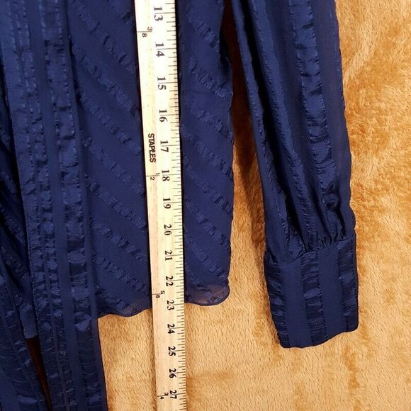 REBECCA TAYLOR Top Womens Size 2 Navy Button Up Tie Scrarf Neck Sheer Sleeve - Picture 7 of 8